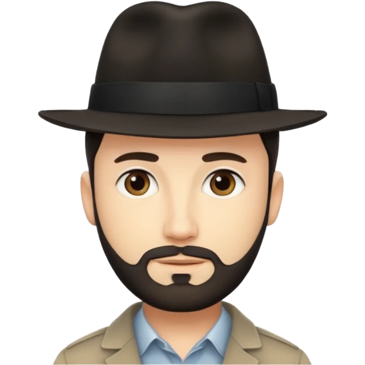 A light-skinned man with short dark hair, thin straight beard, and a black fedora, with an oval face and calm look. emoji