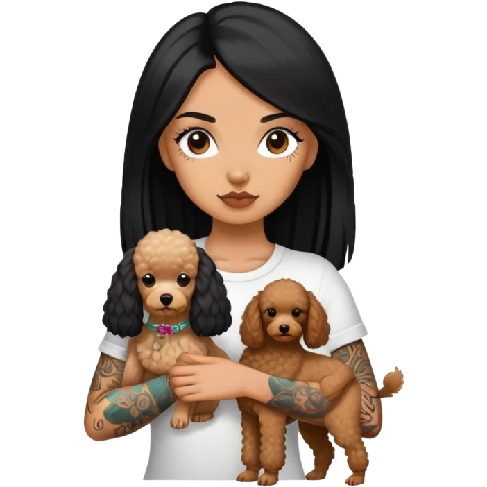 girl with long black  straight hair and tattoos and a  white Yorkshire and a brown poodle emoji