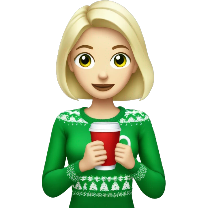 Short haired blonde girl with green eyes drinking coffee wearing Christmas sweater emoji