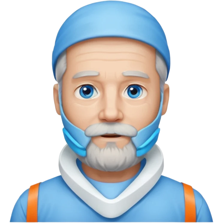 Older man with a full beard, a medical neck brace, and blue eyes. emoji