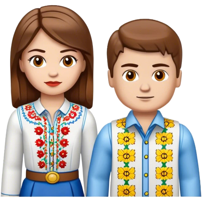 a Ukrainian girl with brown hair in an embroidered shirt and a Ukrainian boy in an embroidered shirt and Lego bricks emoji