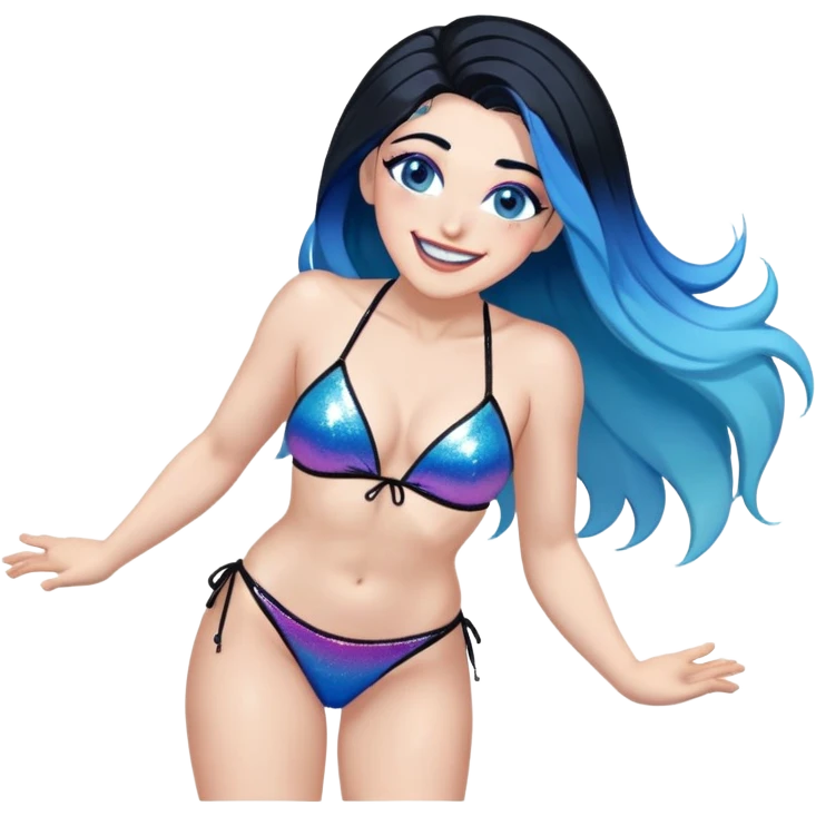 Front view-very very very large chest-head back laughing-bedning-very long straight flowing black to light blue hair ombre-blue eyes-black eyeliner-long eyelashes-iridescent sting bikini top with glitter superman logo-playful emoji