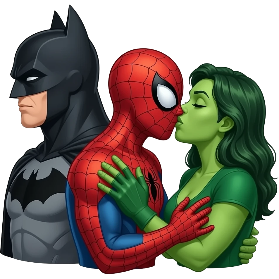 Spider man and hulk woman kiss kiss creepy, batman side view behind her like a train . bust size view emoji
