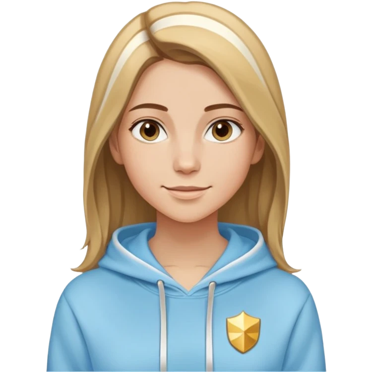 Woman with predominantly brown hair with blonde highlights, straight with side part, serene smile, dreamy eyes, wearing a light blue fantasy-sporty hoodie with golden and white details emoji