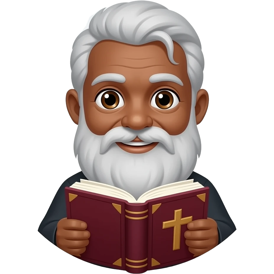 wise old man with grey hair slight smile brown eyes white beard black skin with burgundy book that has a cross on it no circle emoji