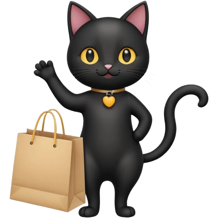 A cute black cat standing on two legs, happily running while holding a shopping bag. Minimalist emoji style, clean vector look, soft colors, rounded shapes, and expressive face emoji