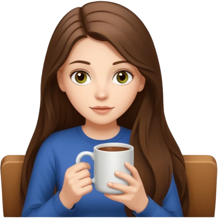  white long brunette hair girl with hazel eyes reading with a mug emoji