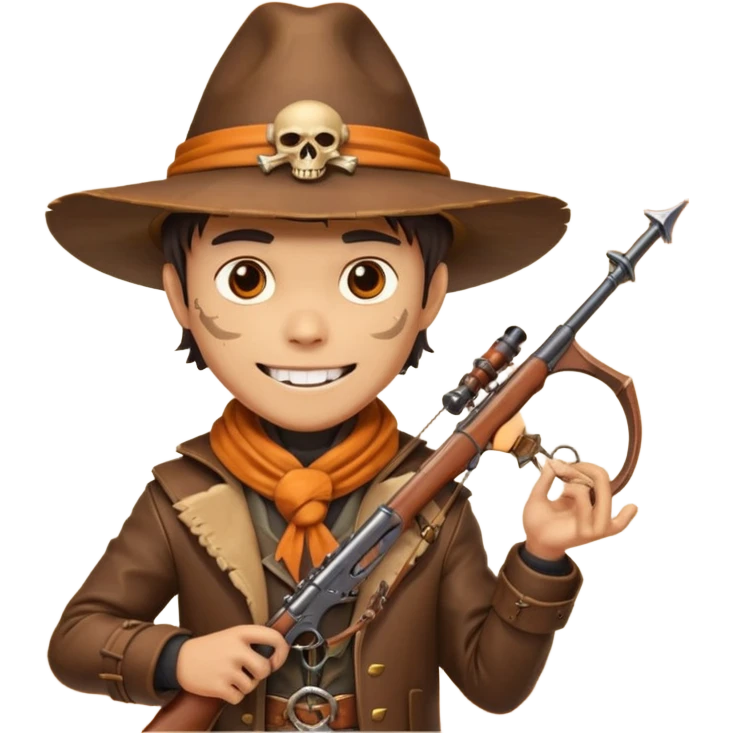 male human monster hunter emoji, wearing brown leather coat and wide hat, holding crossbow or rifle, with amulet shaped like skull, Halloween fantasy theme, confident smile, orange scarf, Apple emoji style, clean white background, square image emoji