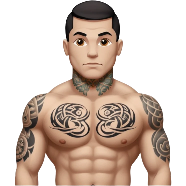 tattoo man, white skintone, more highlight the tattoo, body builder, heavy tattoos on fully chest, more tattoos on the body, more visible tattoo, big tattoos, tattoos on face. emoji