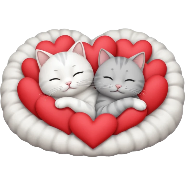 White cat and gray cat sleeping together in a bed full of hearts emoji