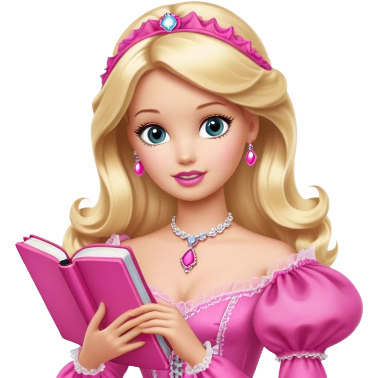 Blonde Barbie, Victorian era, hot pink Victorian gown, holding a pink book emoji
