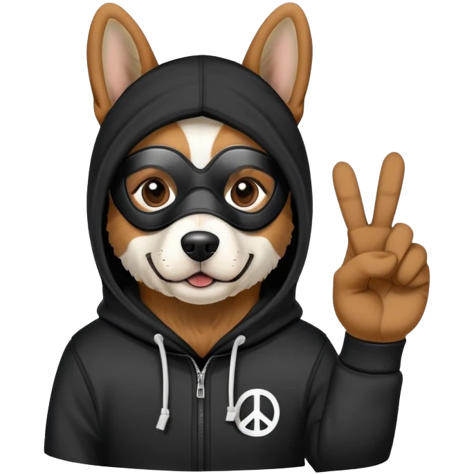 dog wearing a ski mask and a black hoodie with the peace sign  emoji