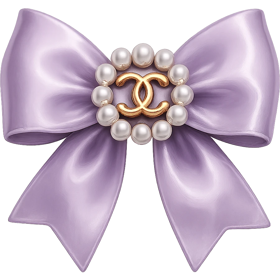 Remove the background, keep only the elegant bow with pearls and gold Chanel logo, glossy, pastel colors, realistic style, with no background. purple emoji
