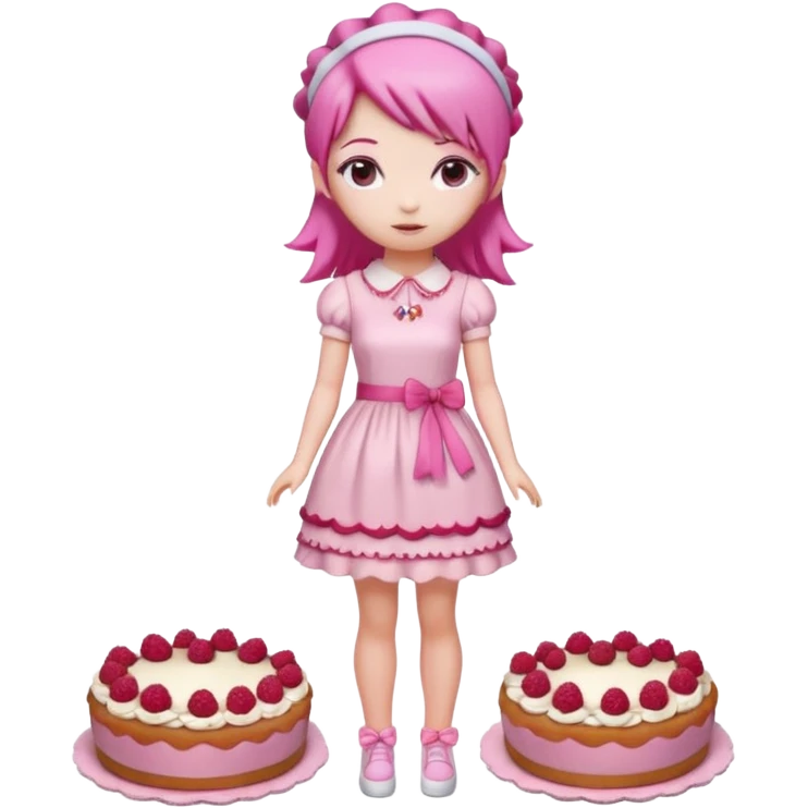 Isolated detaile illustration modern raspberry torte doll figurine full body with pink hair and a pink hairband standing emoji