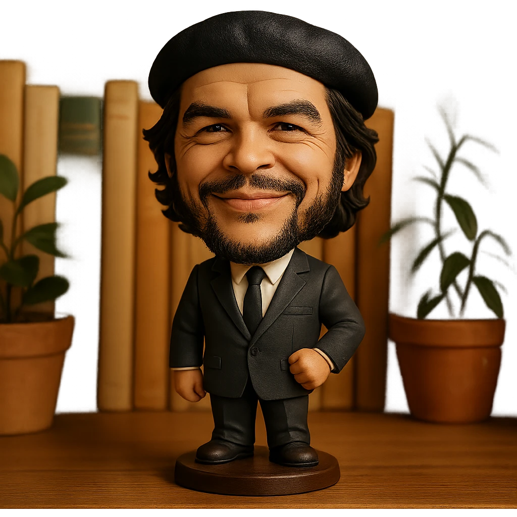 statuette of Che Guevara in a suit and tie, big head, confident smile emoji