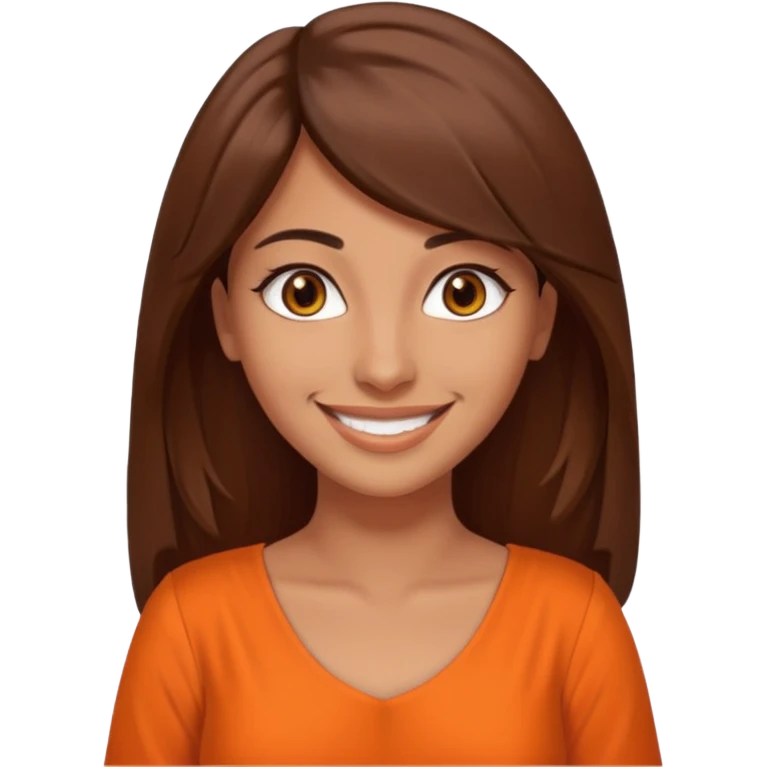 30 yr old middle eastern woman straight brown hair side bangs big smile tanned skin brown eyes orange dress long hair emoji