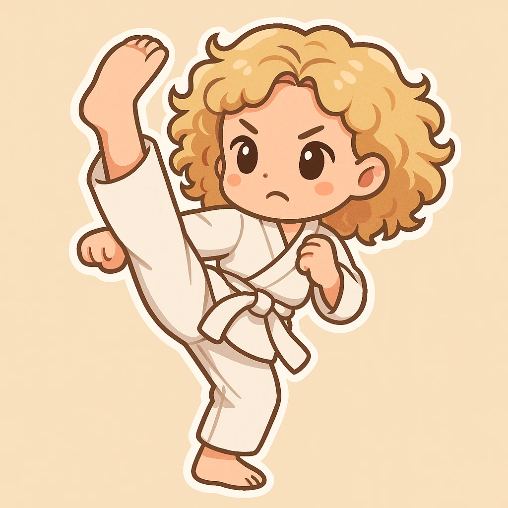 Full length shot of a blonde curly haired woman doing a karate kick, cartoon emoji style with a simple background, in chibi stickers style. emoji