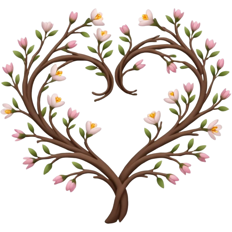 Natural minimal branches with a few flowers in a twisty heart shape emoji
