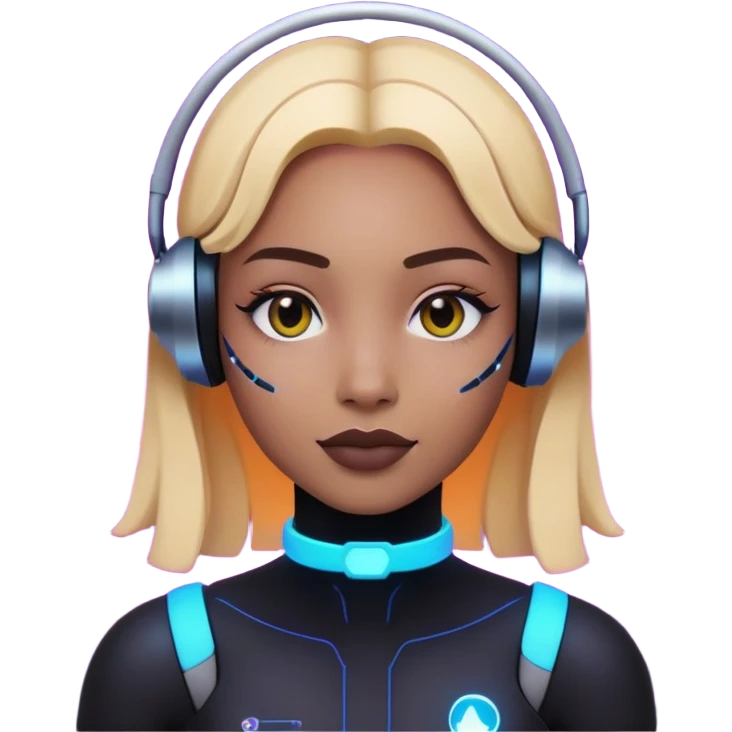Generate an emoji of "LAINEY," an advanced AI assistant. The background should be dark as deep space and there should be a flat neon grid over the space with Laney's head and face piercing through the grid. Half of her face is human. The other half is digital blending in with the grid. emoji