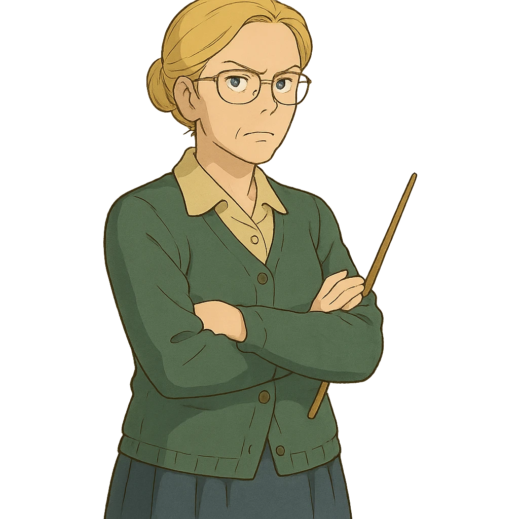 strict and fair senior category math teacher, blonde woman with glasses, ghibli style emoji