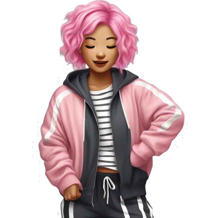 dancing-pink-haired-Asian-girl-oversize-tracksuit- and striped shirt emoji