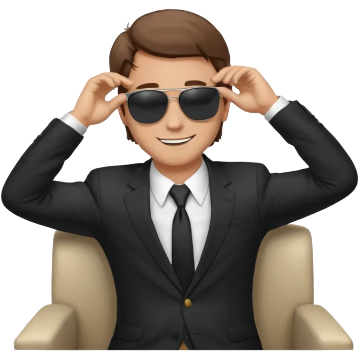 a white man, brown hairs, in formal suit wearing sunglasses resting with hands behind head emoji