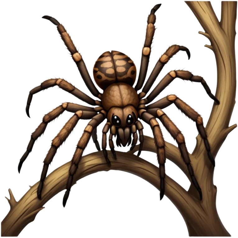 Close-up of a giant hairy tarantula in its natural habitat, with detailed textures of its legs, fangs, and body. The spider is perched on a tree branch, with soft lighting highlighting its features. Transparent background. emoji