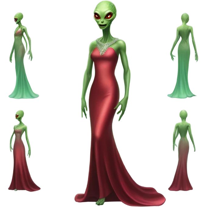 reptilian green alien woman, in long slim pastel red formal party satin dress with gradient shiny sparkling dark red, full figure, full body emoji