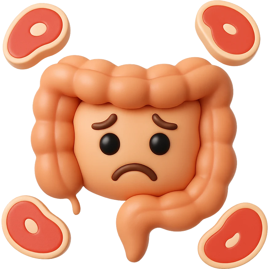 emoji stile iphone in 3d di un intestino triste con fette di carne che gli fluttuano intorno emoji