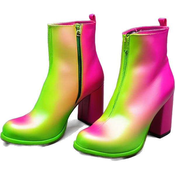 Realistic isolated top view of a pair of hot pink,and lime green ombre shiny vinyl Disco style zippered vintage chunky heel ankle bootie boots.  emoji