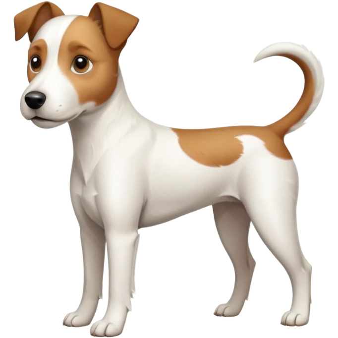 a full body large white parson russell terrier looking dog the size of a kelpie with light brown long ears and a light brown patch on one eye and a large snout emoji