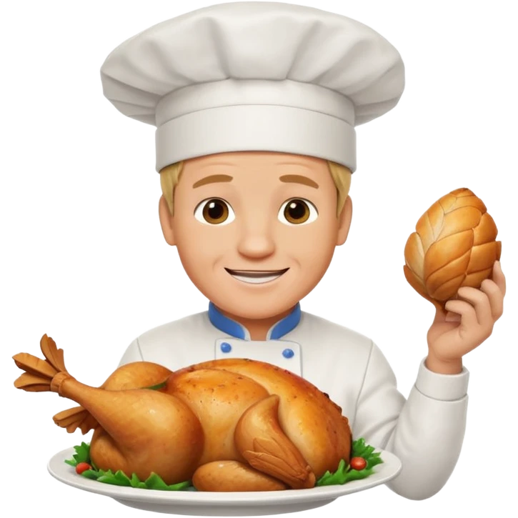 Gordon Ramsay with a big smile, presenting a roast chicken on a plate, chef hat emoji
