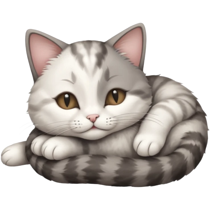 grey and white small cat with eyes closed lying down upside down with its head resting on its curled paw emoji
