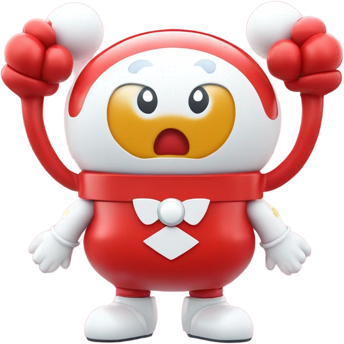 Very shiny full body character with pill capsule head with retro antennae and jetsons aesthetic sailor moon eyes  puffy body and welcoming waving arms Japanese animation inspired Anpanman with big boots and antennae red and white colors only emoji