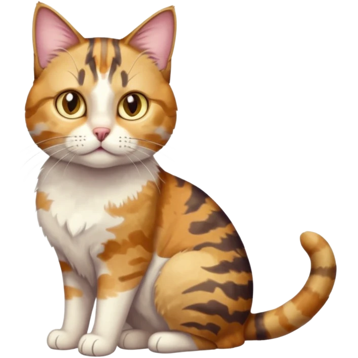 full body anxious looking colourful light calico tabby cat with hazel eyes and patchy brown tabby sections of fur emoji