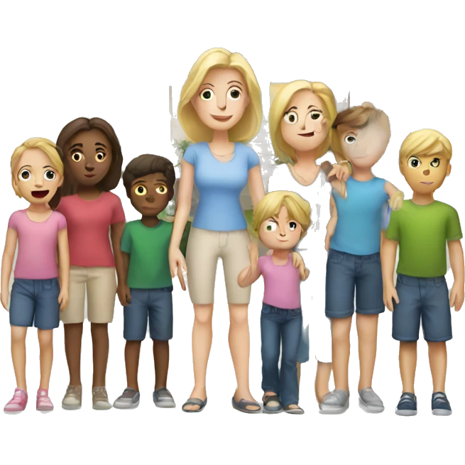White mom standing in front of house with kids emoji