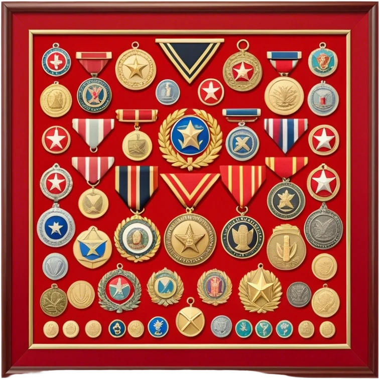 Icon for Collecting Orders, Medals & Badges: a variety of vintage orders, medals and badges, displayed neatly on a big red pennant or in a display case. The icon should reflect the honor and historical significance of these collectible items. Transparent background. emoji