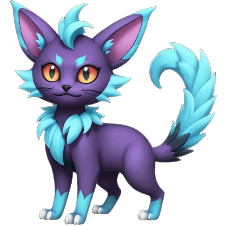 Black and cyan edgy magical elemental will-o-wispy Noivern-Noibat-Purloin-Torracat-Lykoi-Caracal-cat-Fakemon-fusion-hybrid-creature, full body emoji