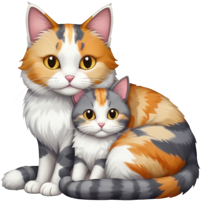 full body colourful light patched calico + white tabby cat cuddling a grey and white cat  emoji