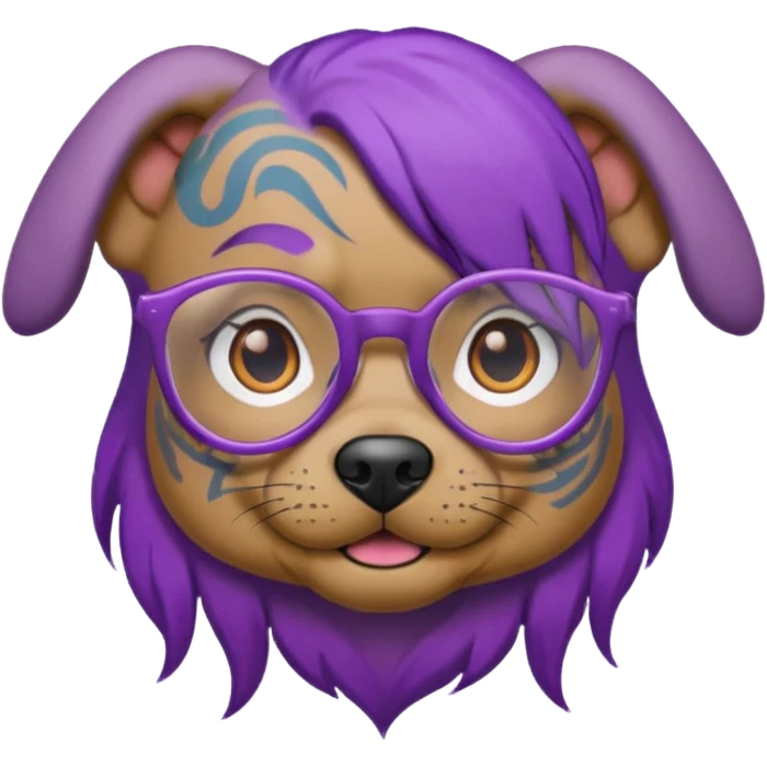 tattooed dog with heavy face tattooes and glassess, purple haired emoji