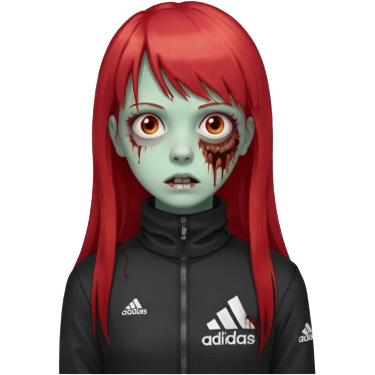 Crie um emoji de uma menina zumbi  com o cabelo vermelho longo com uma franja reta casaco de gola alta da adidas emoji