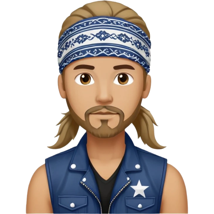 Guy wearing navy blue and white patterned bandana as a headband with goatee and long hair atop his head in ponytail, wearing white tshirt with black biker vest emoji