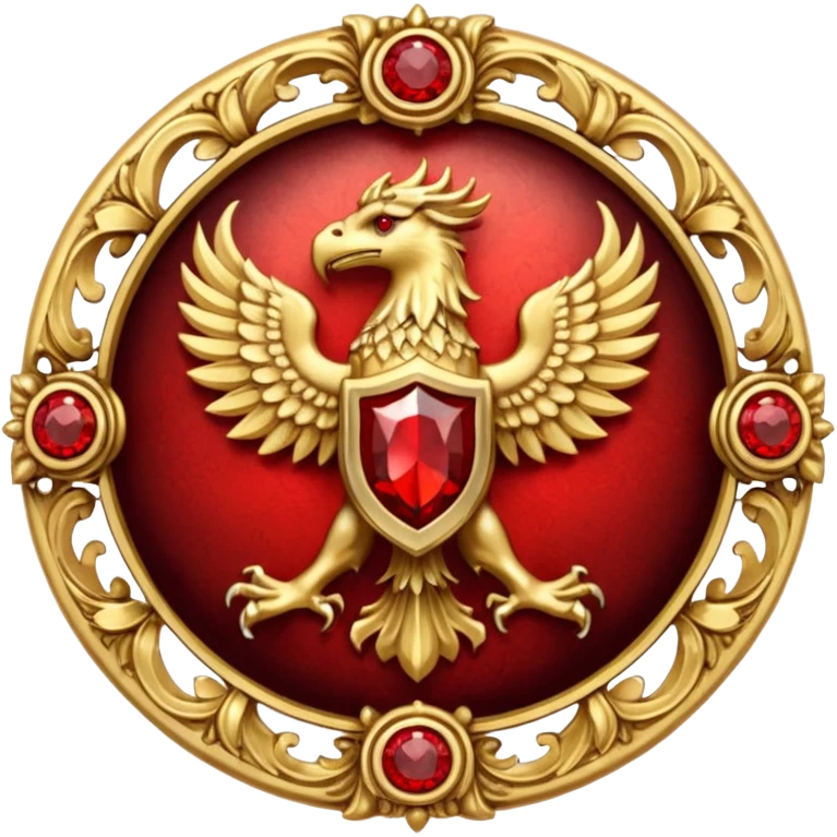 Golden griffin crest / brosch in a circle with 2 red gems and no background emoji