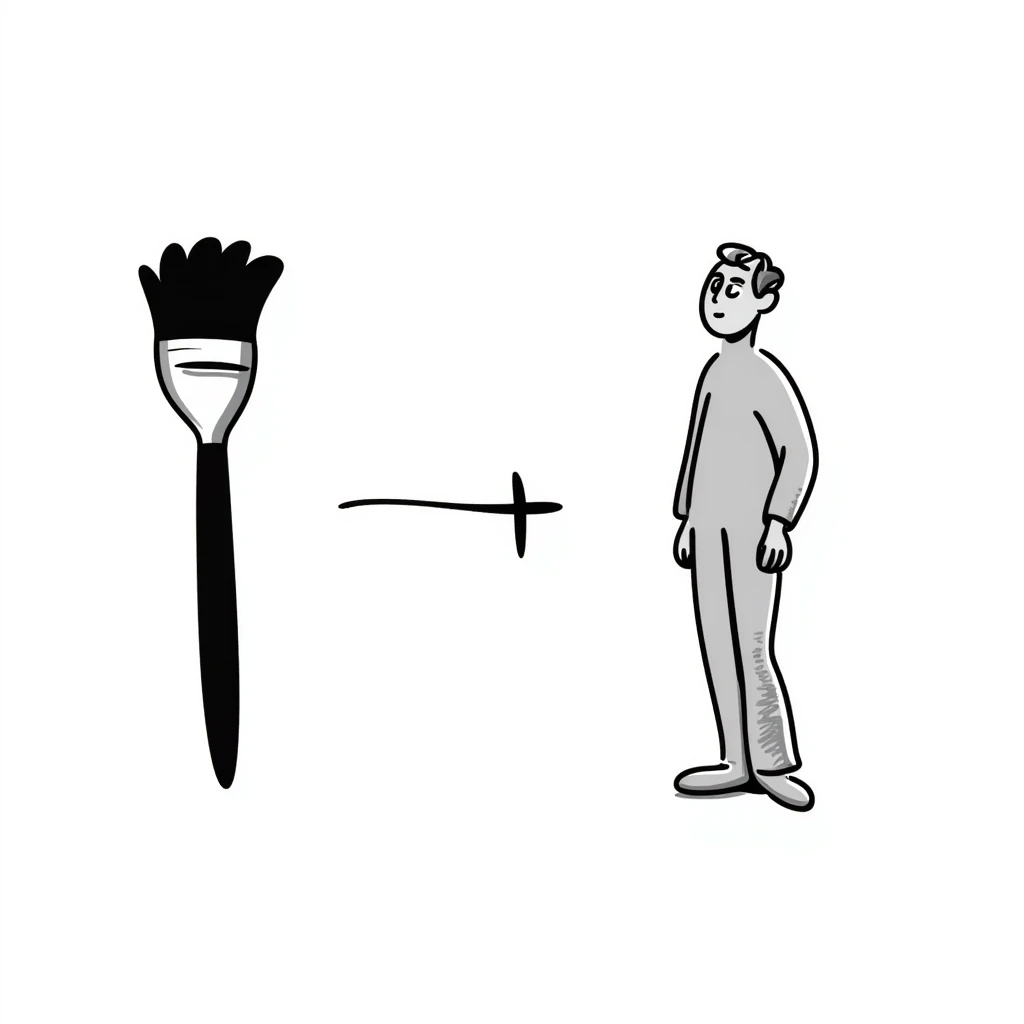 A paintbrush morphing into a silver metal human figure sculpture, representing artistic identity, with a shiny silver finish emoji