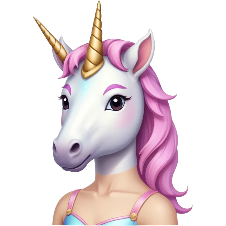 anthropomorphised female unicorn ballerina, horse-like unicorn face with muzzle, mane, ears, prominent horn, head and shoulders, relaxed pose emoji