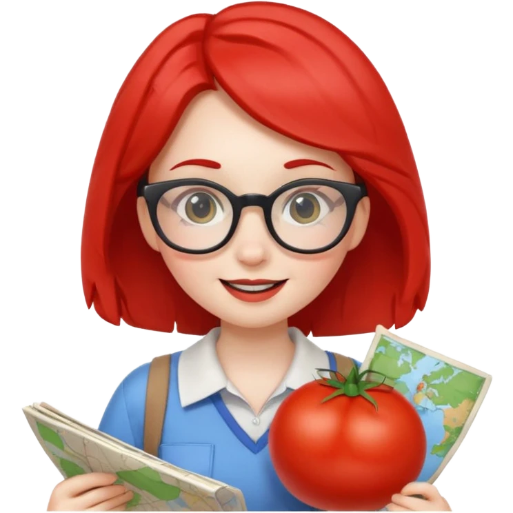 nerdy girl tomato character holding a map, with glasses, long eyelashes, cheerful expression emoji