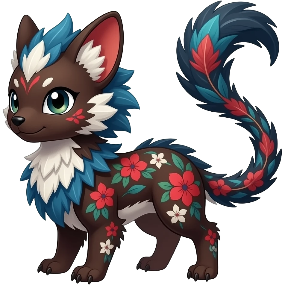 Floral-patterned majestic feathery elegant realistic stylish Furry, fluffy feathery tropical painted scaly, dark-brown, sanguine-red, blue, white, black, Minccino-Bambino-Linoone-Zangoose-fusion-hybrid-animal-Fakémon-creature, full body, thin long sleek tufted tail, intricate markings emoji
