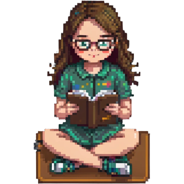 Girl with glasses reading her notebook while sitting emoji