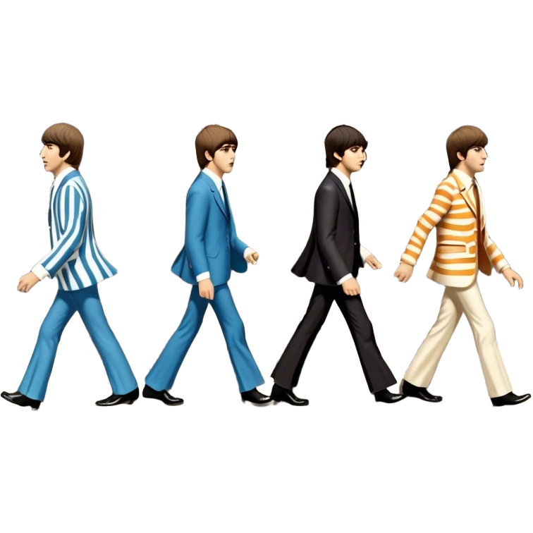 Cinematic Realistic The Beatles Abbey Road Scene Emoji, depicting the legendary band of four crossing the iconic zebra-striped street in their classic outfits, exuding effortless charisma and musical legacy. The scene is bathed in warm, nostalgic lighting with rich textures that capture the essence of 1960s rock history. emoji