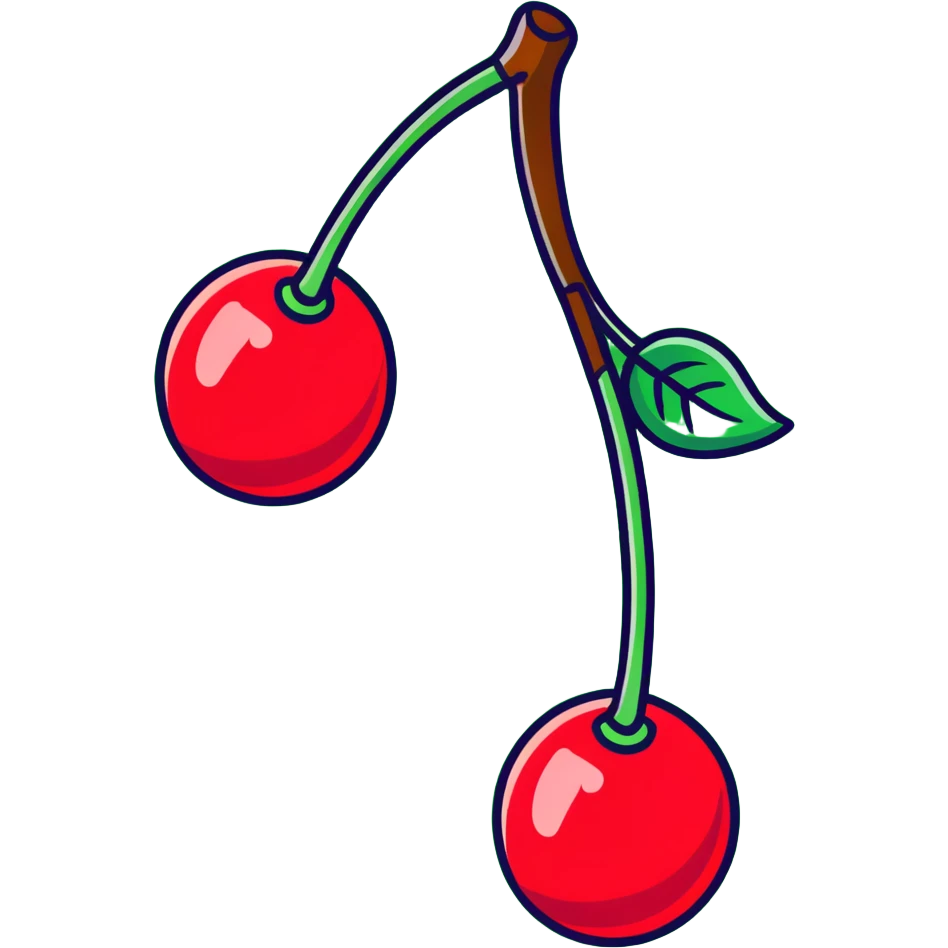 Two bright red cherries connected by a green stem emoji